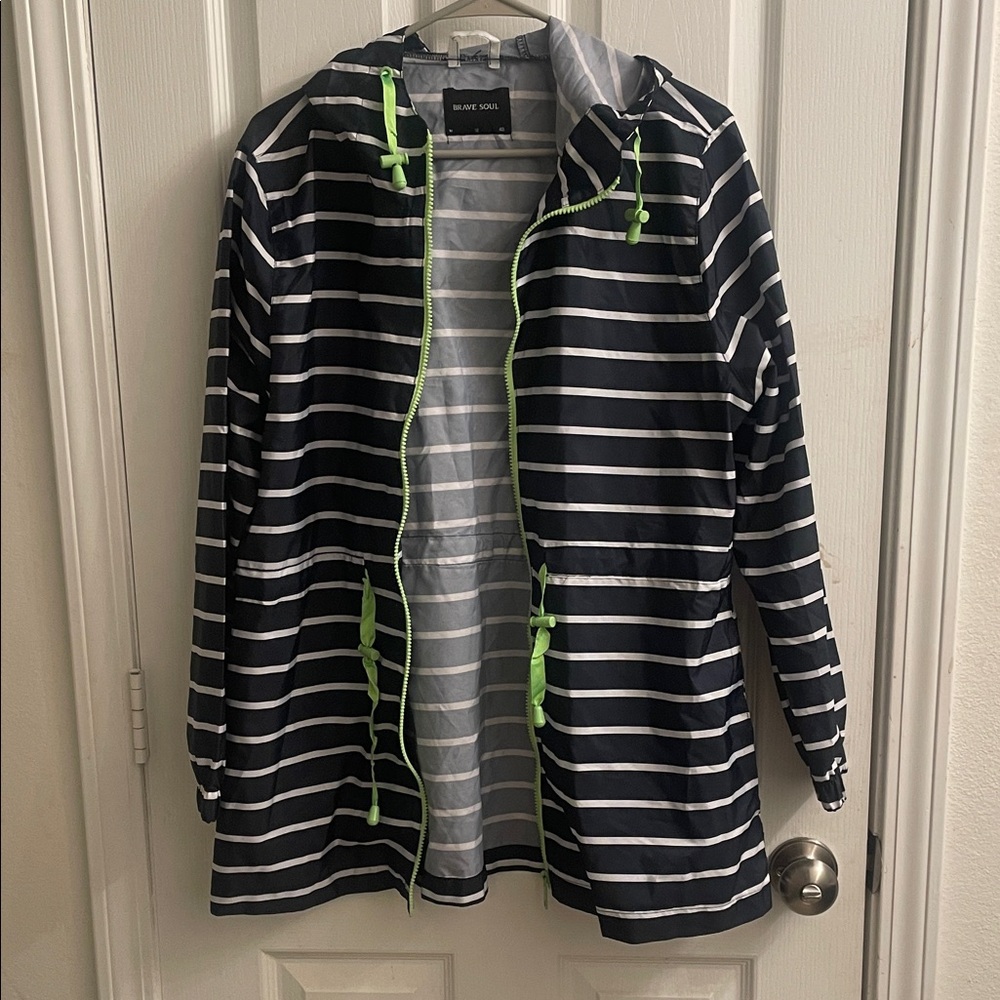 Brave Soul Navy & White Striped Hooded Raincoat with Lime Trim